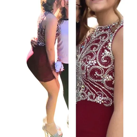 Burgundy Beaded Sequin Prom Dress - Picture 6 of 16